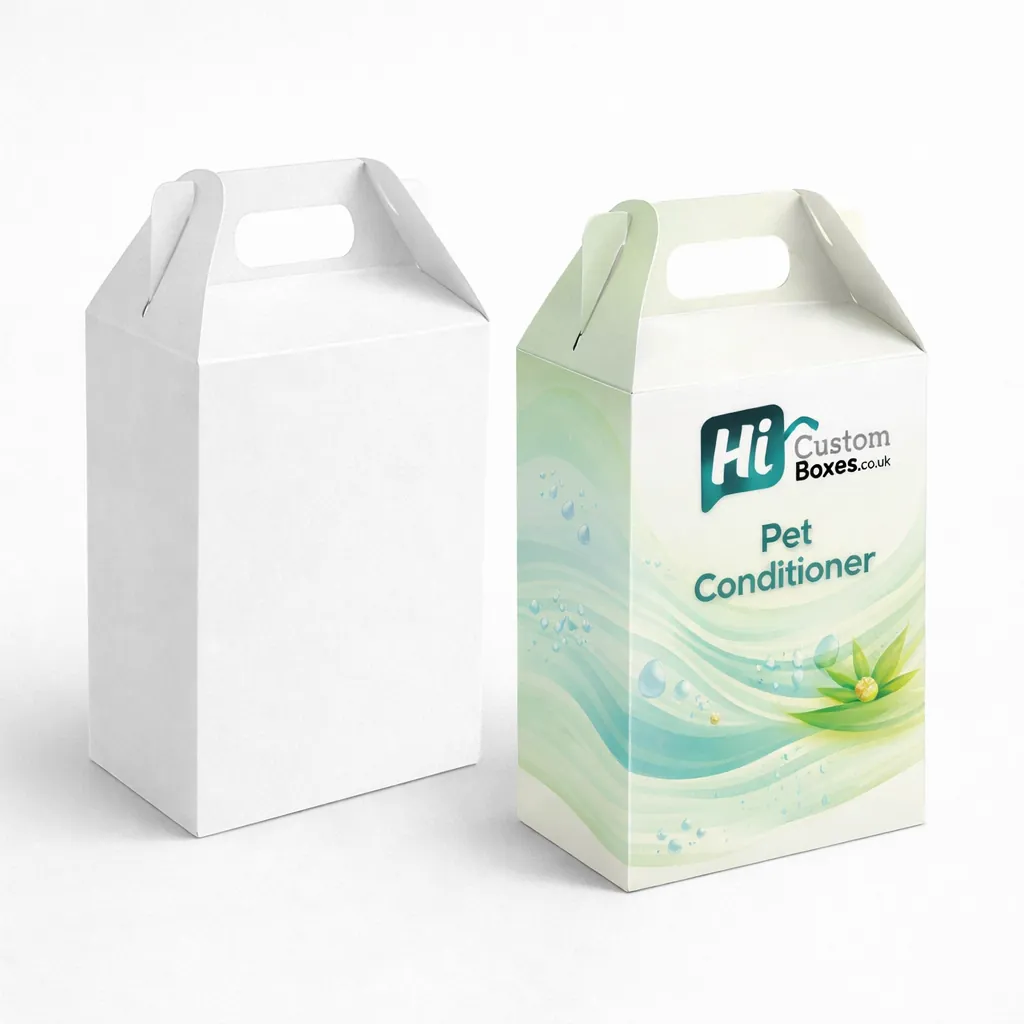 Two white gable boxes with integrated carry handles, featuring bespoke green and blue wave patterns. class=